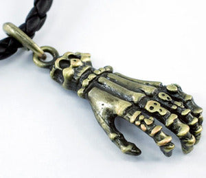 Gothic Skeleton Hand Black Rubber Brass Mens Necklace MN059-0